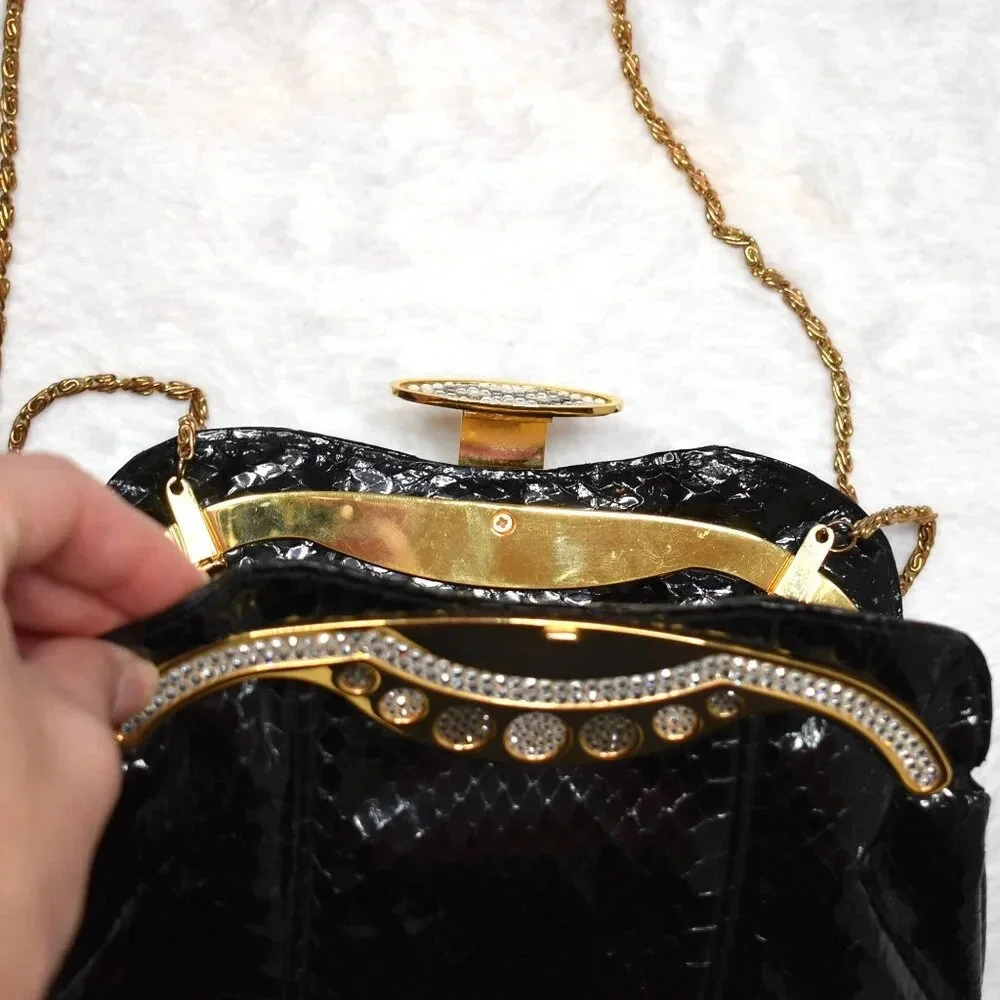 Vintage Snakeskin Shoulder Bag Clutch Crystals Party Cocktail Party 80s Black